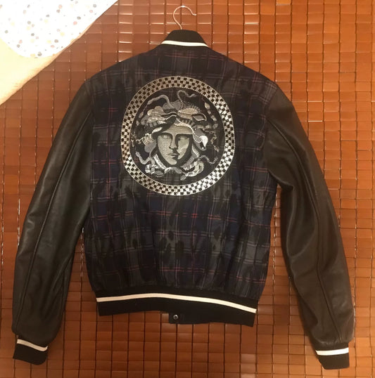 Versace Blue Plaid Leather Sleeve Jacket