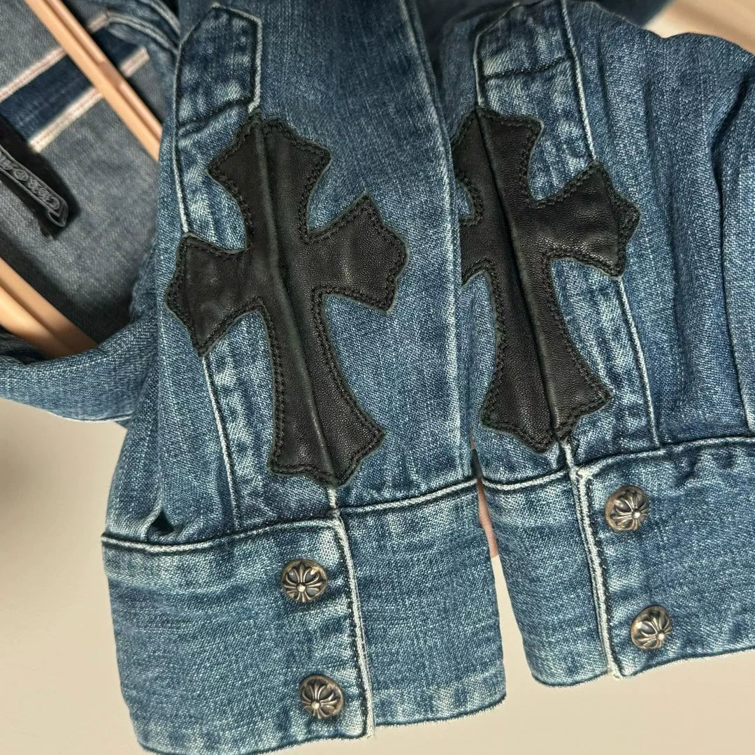 chrome hearts blue denim cross button-up shirt