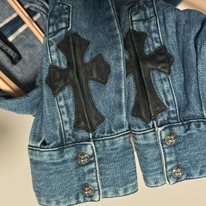 chrome hearts blue denim cross button-up shirt
