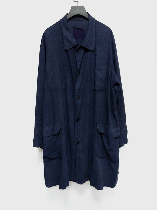 blue dyed linen coat by VIDALENC