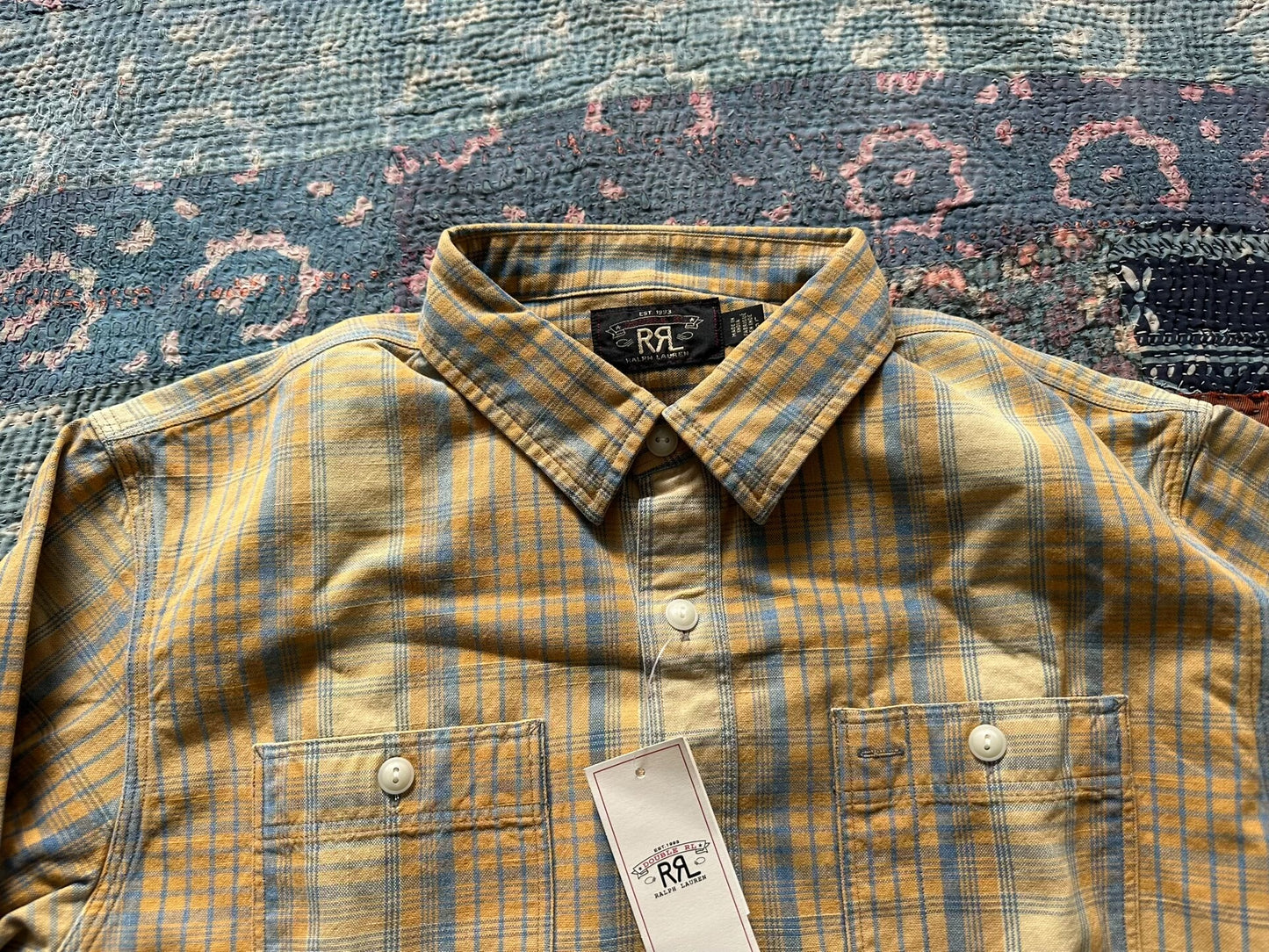 rrl striped work shirt in size large