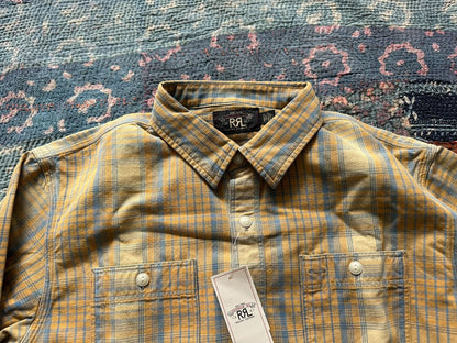 rrl striped work shirt in size large