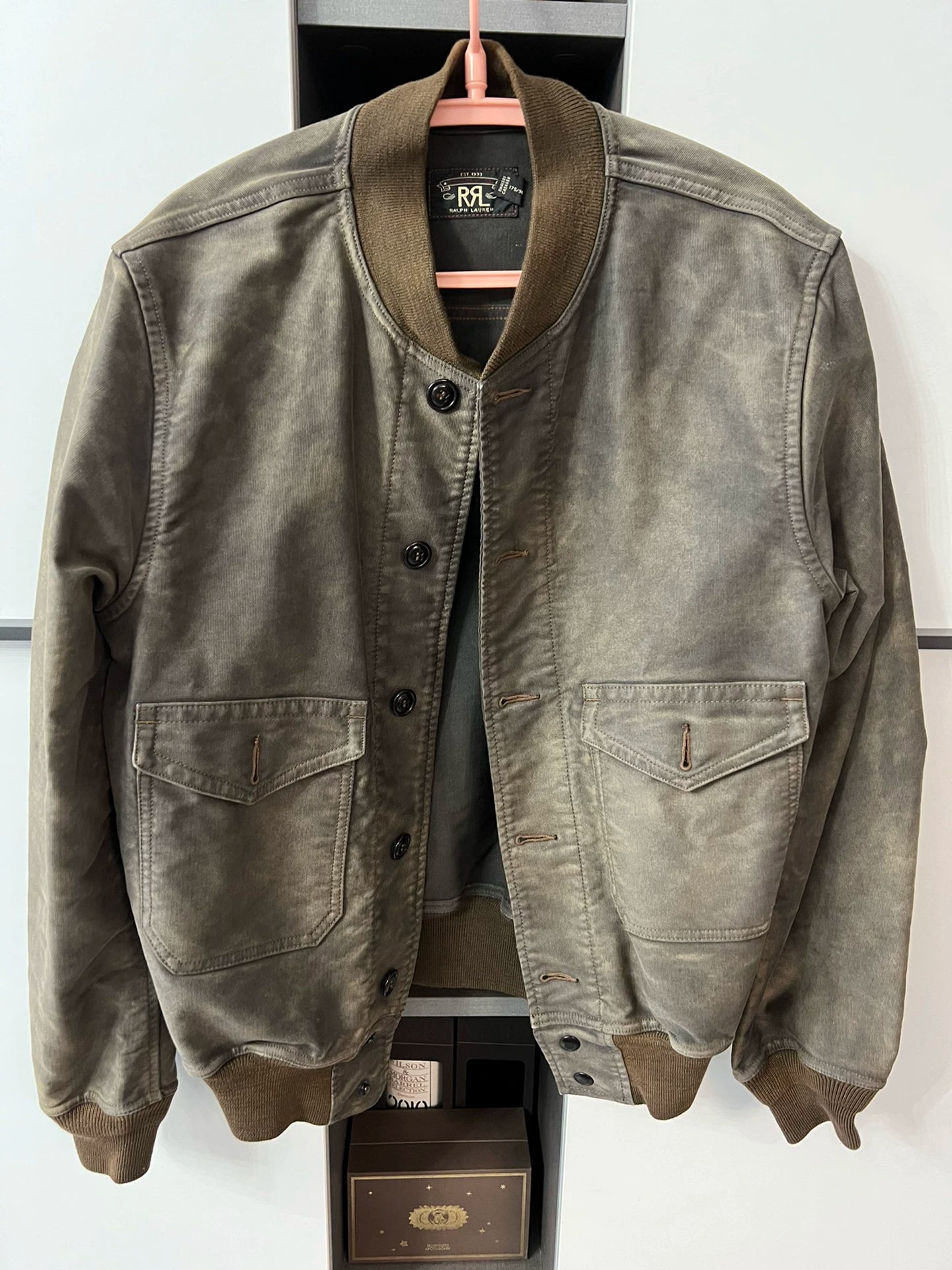 vintage rrl baseball jacket in gray