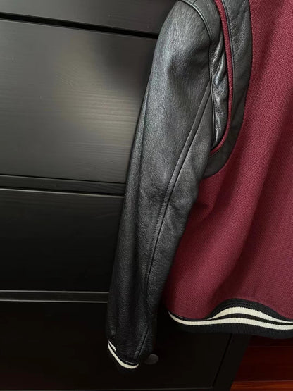 Saint Laurent Maroon Leather Sleeve Varsity Jacket