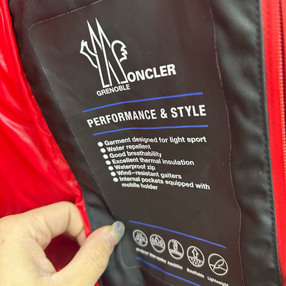 moncler red and white puffer jacket
