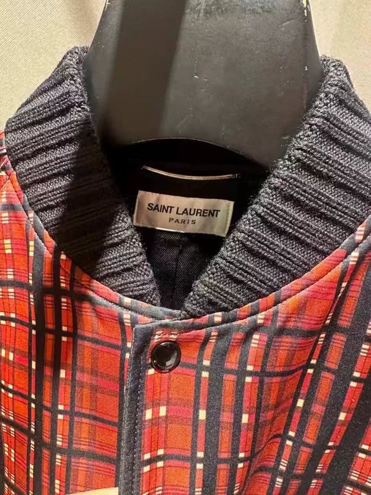 Saint Laurent Red Black Plaid Satin Jacket