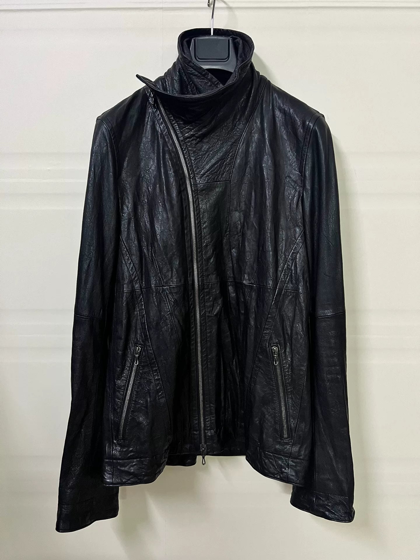 Julius_7 Black High Neck Leather Jacket