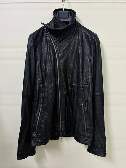 Julius_7 Black High Neck Leather Jacket