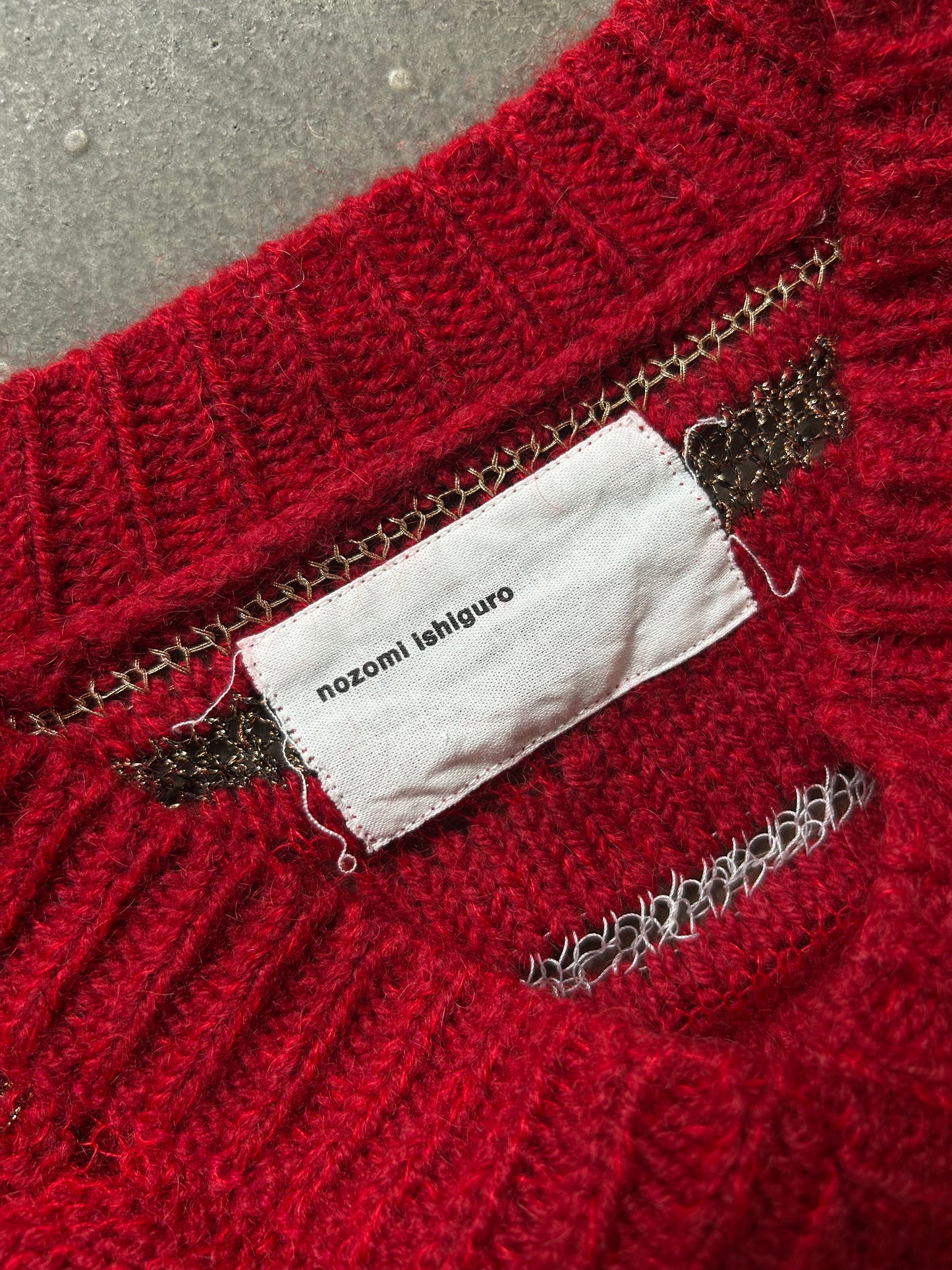 red knit distressed long sleeve sweater