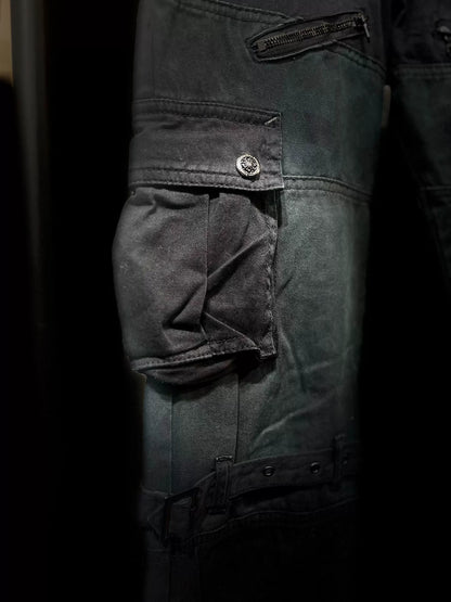 dark avant-garde cargo pants with zippers