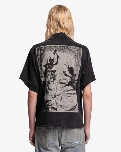 black and white graphic short sleeve shirt