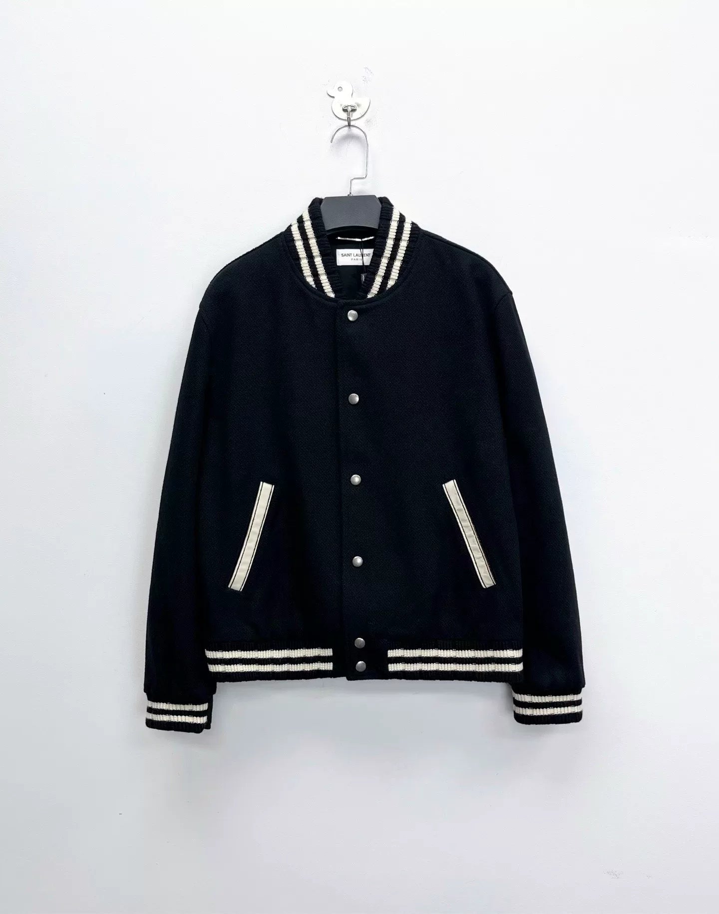 Saint Laurent Black Striped Wool Baseball Jacket