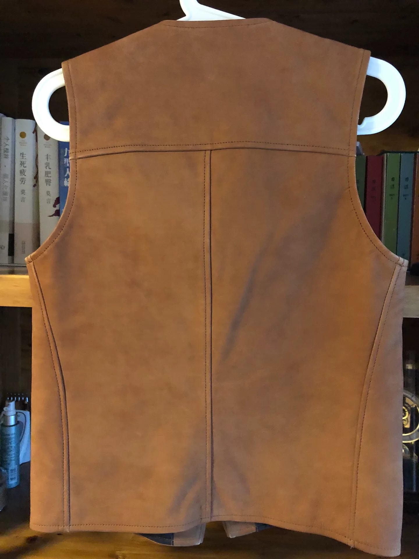 cootie leather utility vest in golden brown