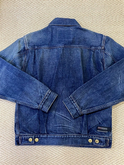 stylish blue denim jacket with gold buttons