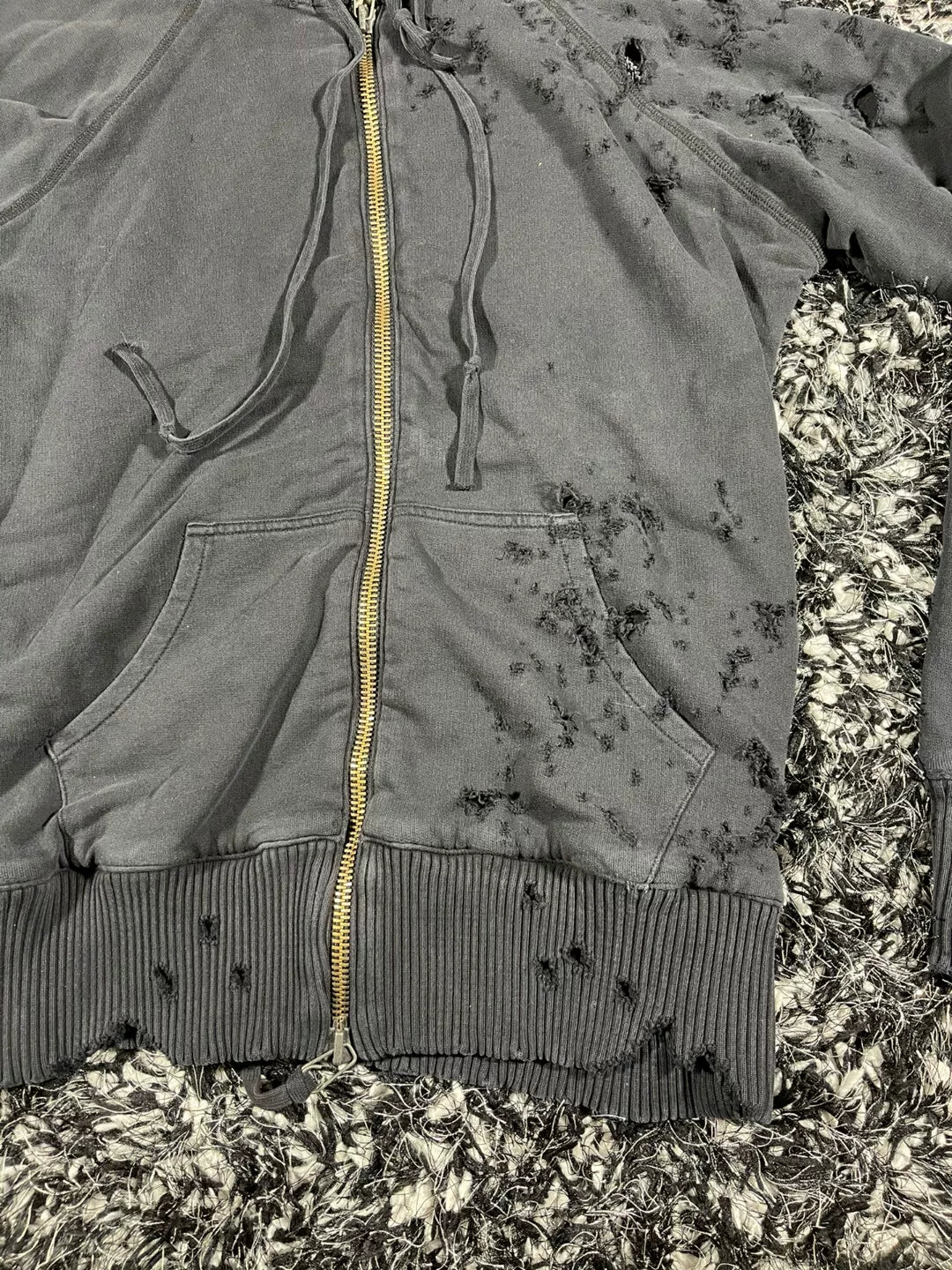 greg lauren black destroyed zip front hoodie