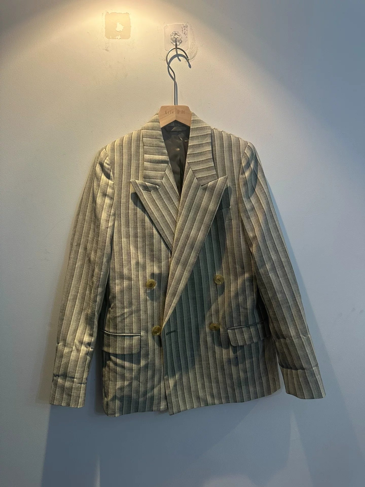 gray striped double-breasted blazer