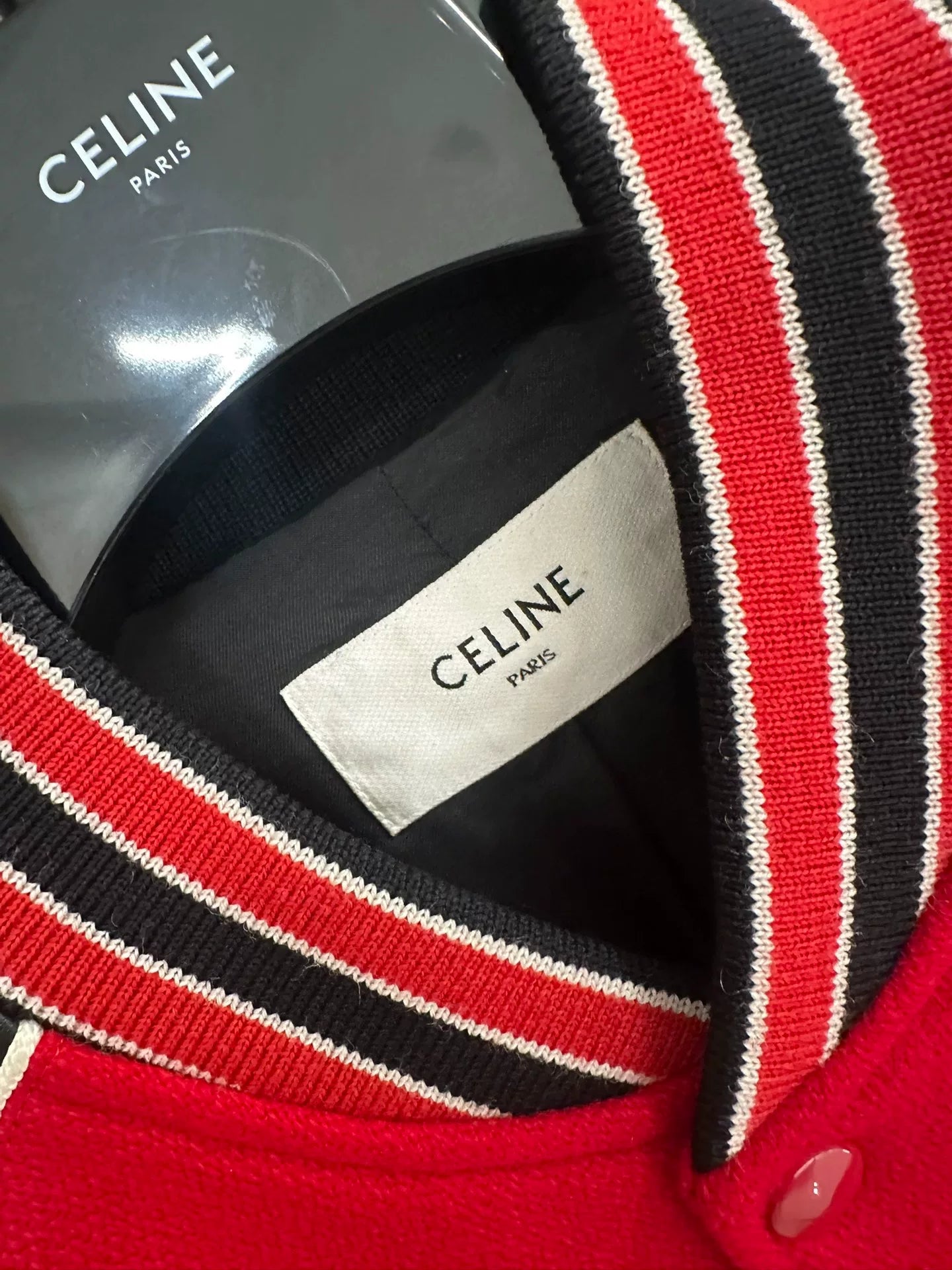 Celine Red Wool Leather Sleeve Bomber Jacket