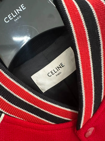 Celine Red Wool Leather Sleeve Bomber Jacket