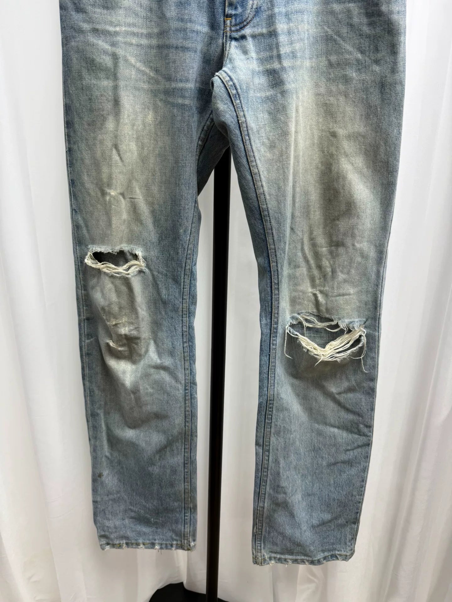 classic washed denim pants with distressing