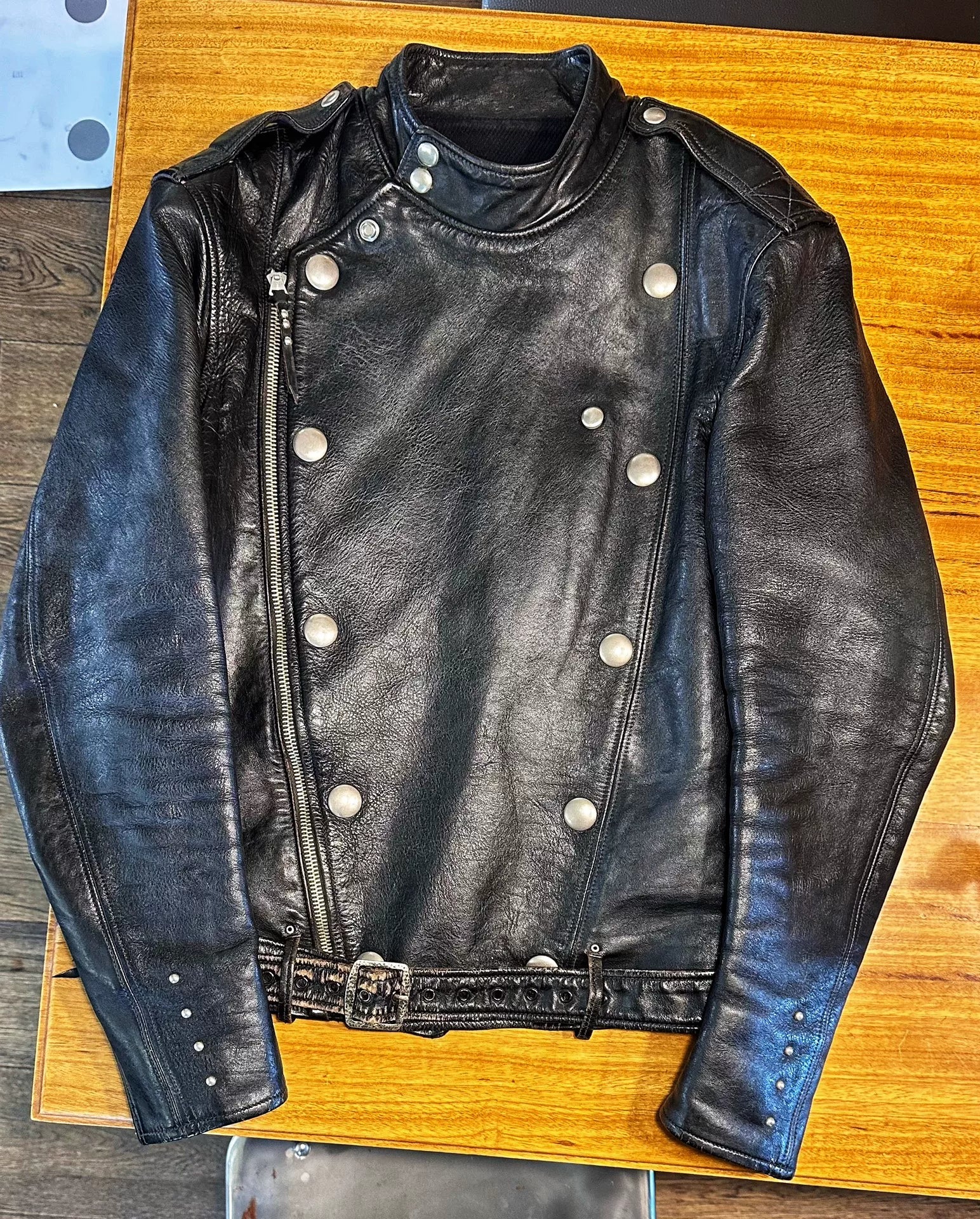 rare black leather biker jacket with buttons