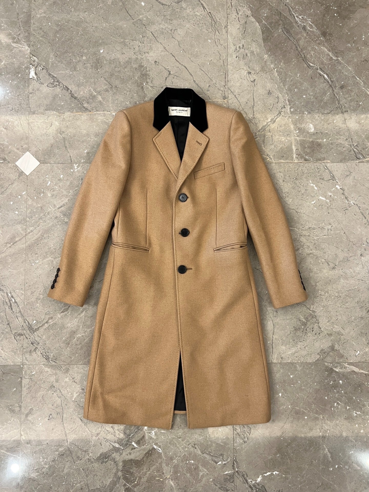 Saint Laurent Beige Velvet Collar Coat