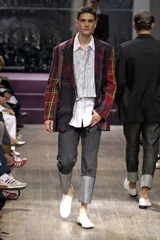 yohji yamamoto plaid jacket with leather details