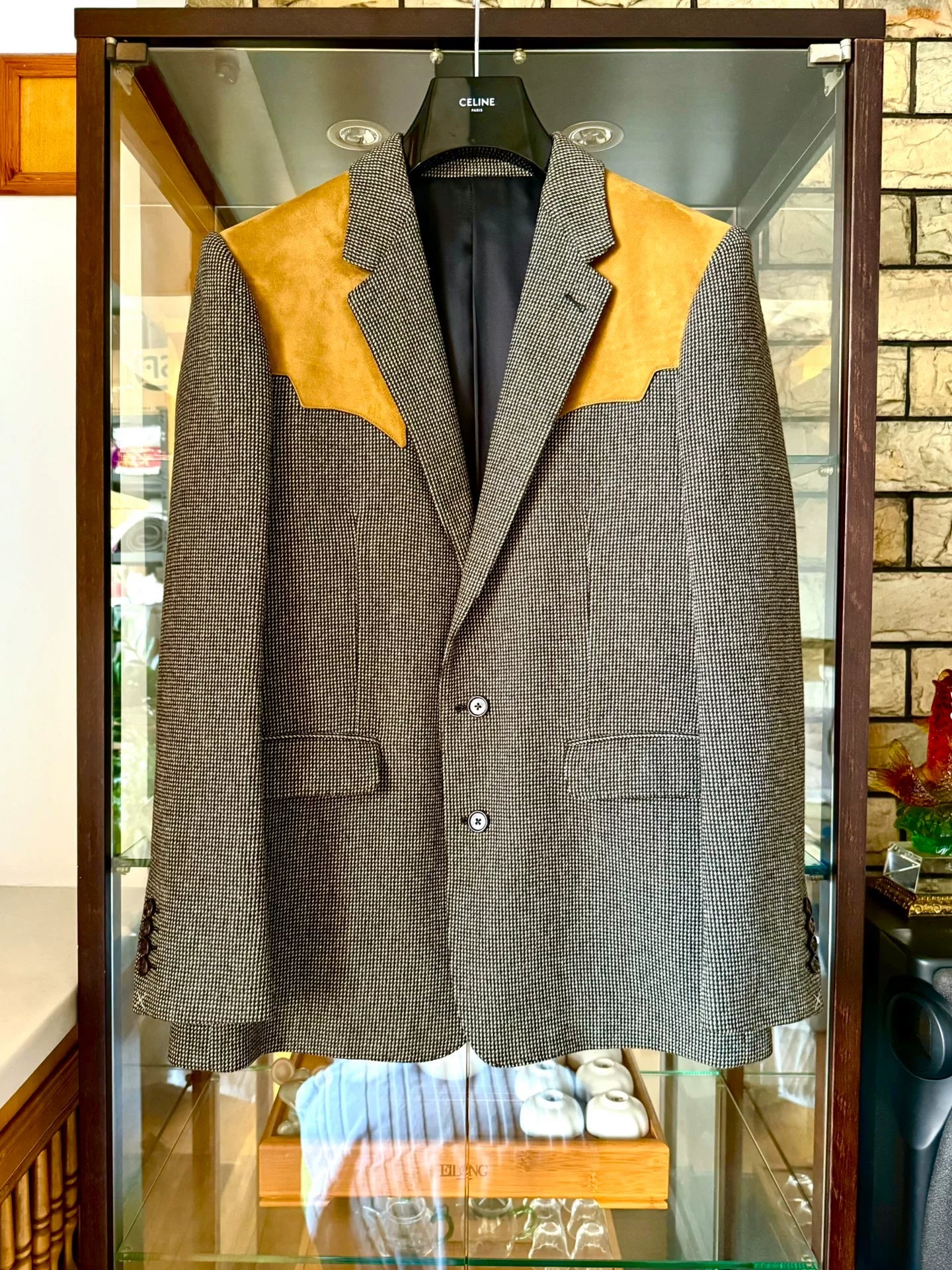 celine gray snowflake check leather blazer