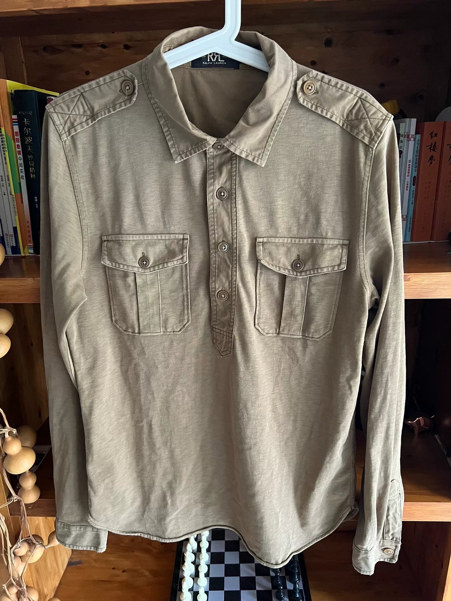 khaki military style pullover shirt jacket