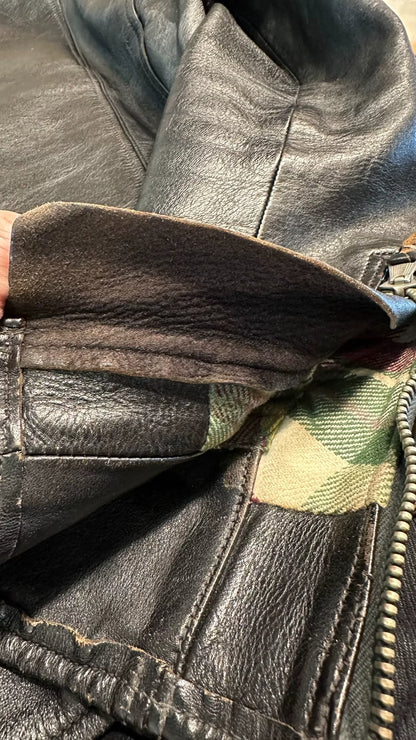 rare black leather biker jacket with buttons