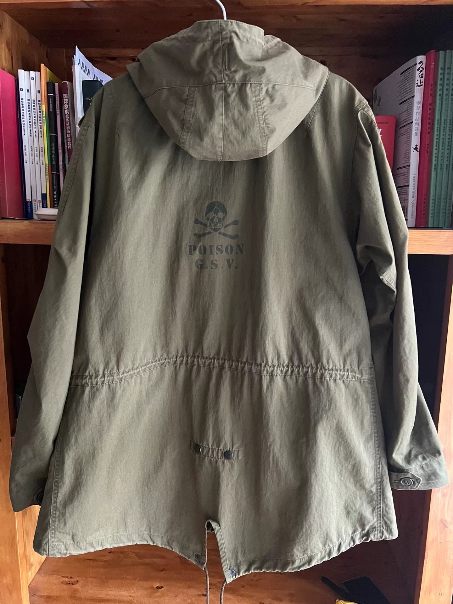 military-style hooded trench coat in olive green