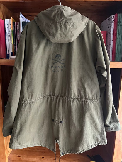 military-style hooded trench coat in olive green