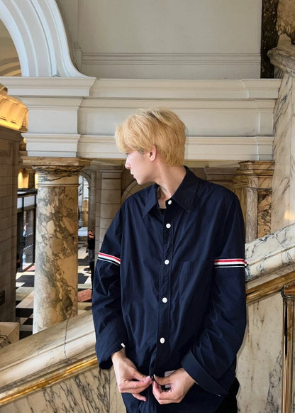 Thom Browne navy three-stripe nylon shirt jacket