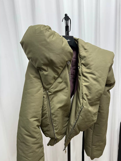 unique oversized bomber in olive green