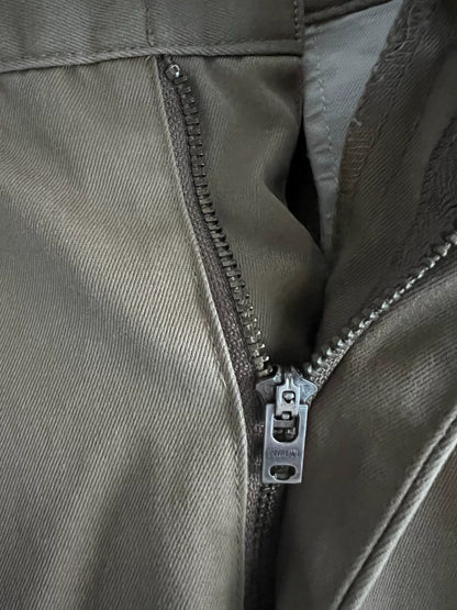 khaki pants with custom zipper details