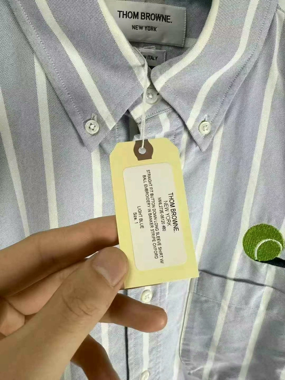 thom browne blue and white striped shirt