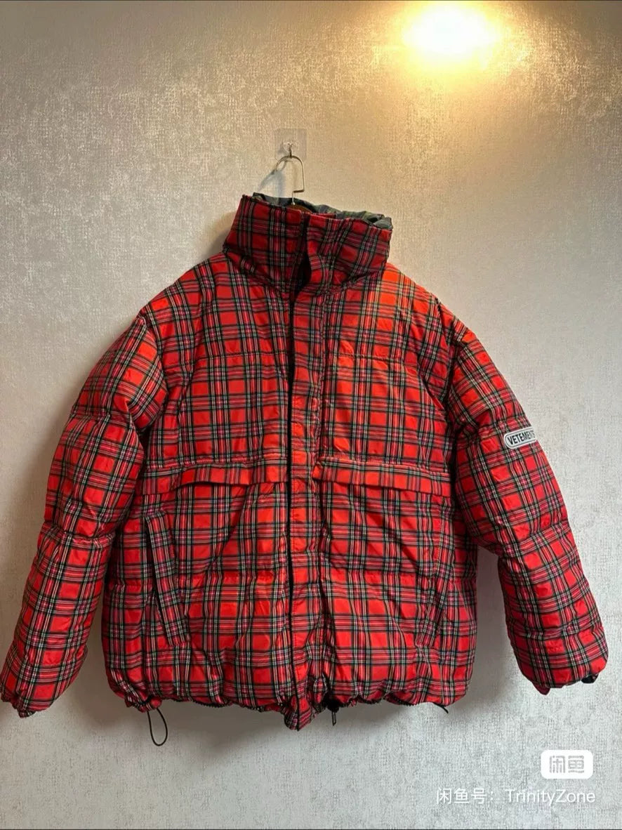 reversible plaid puffer jacket with hoods