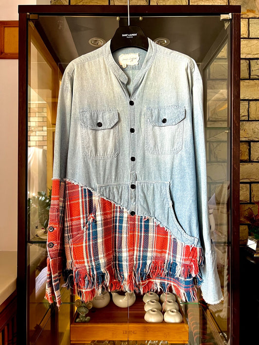blue orange denim flannel henley shirt