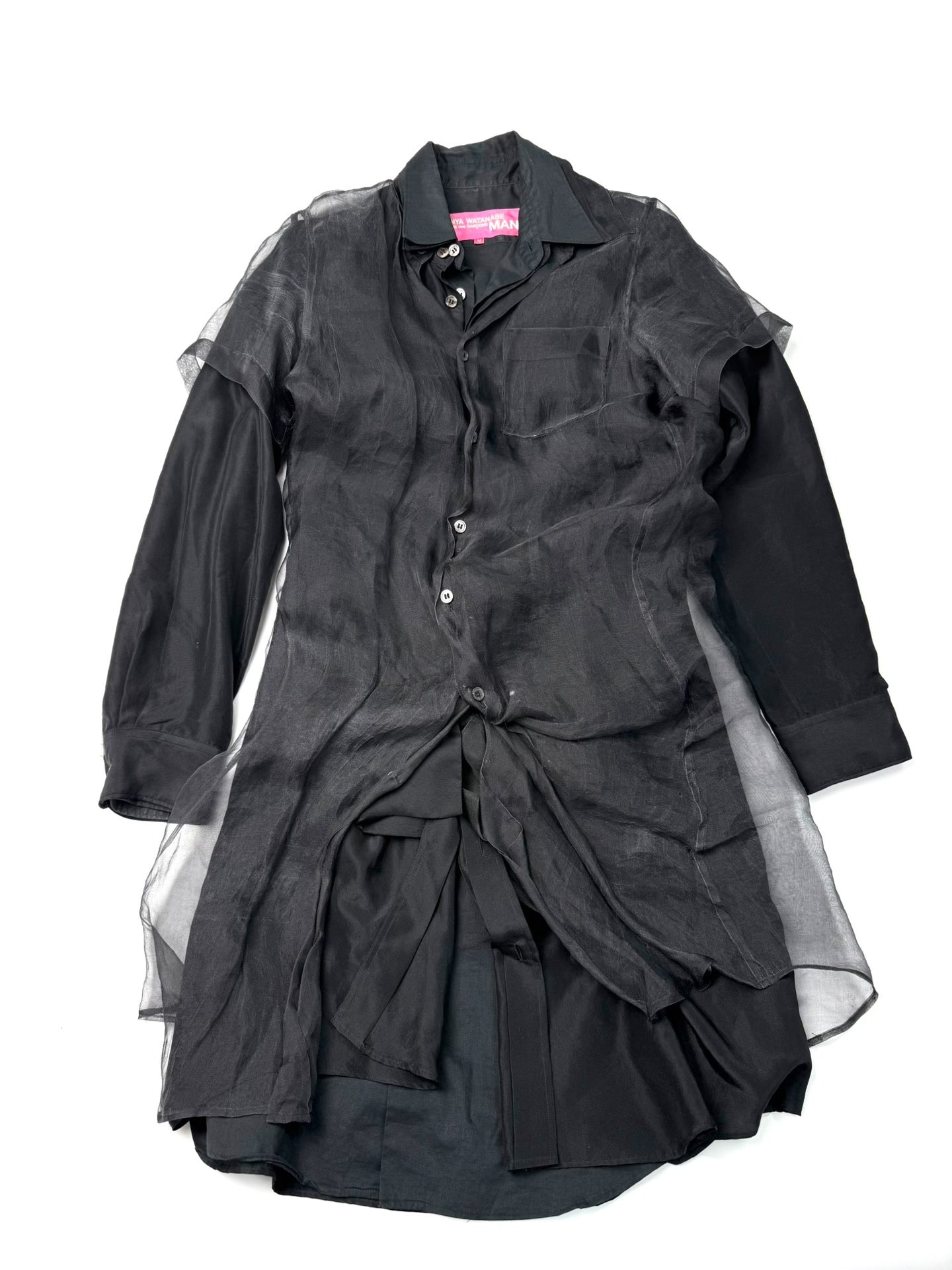 black sheer long shirt with deconstructed design
