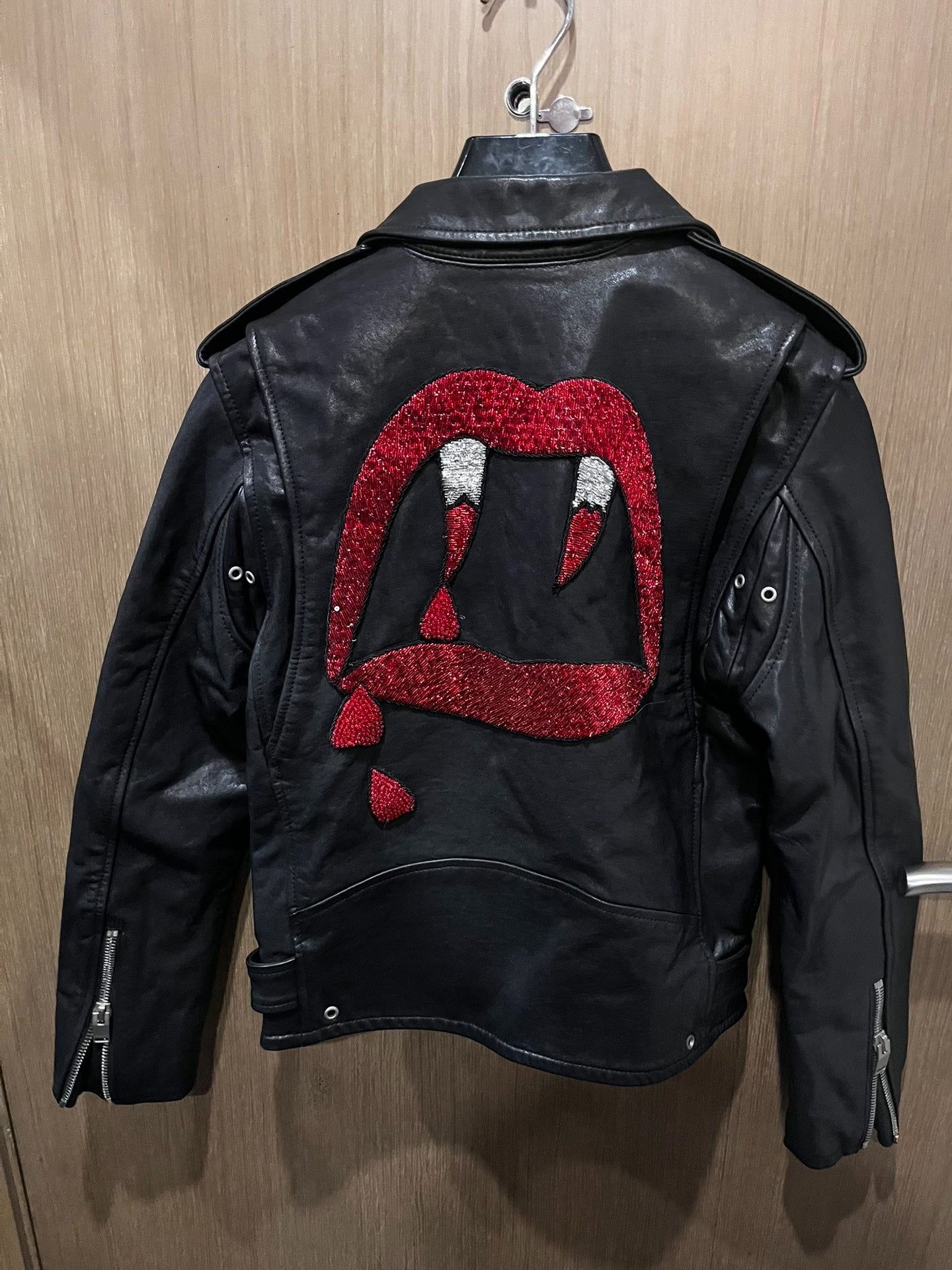 Saint Laurent Red Lip Embroidered Leather Jacket