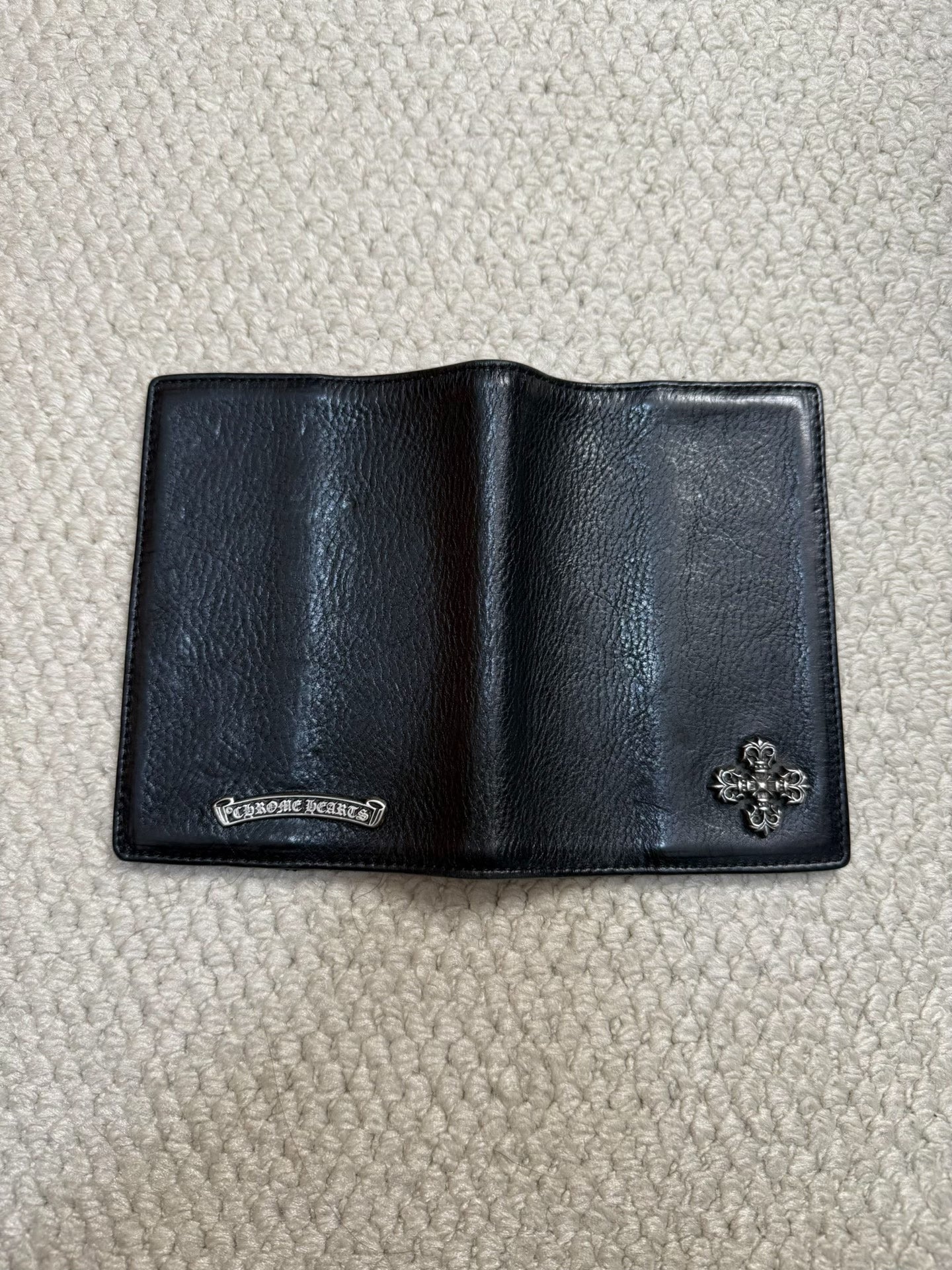 Chrome Hearts Flame Cross Silver Black Leather Passport Holder