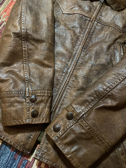 RRL Distressed Leather Jacket w/Fur Collar