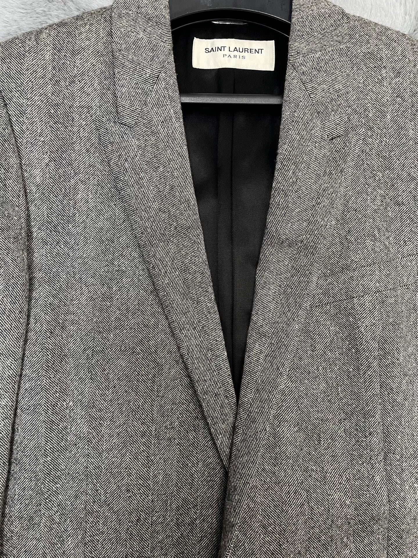 Saint Laurent Gray Herringbone Wool Coat
