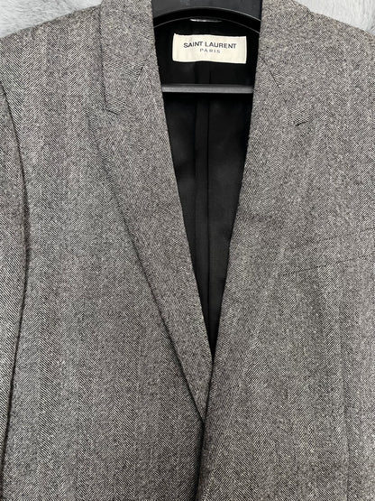 Saint Laurent Gray Herringbone Wool Coat