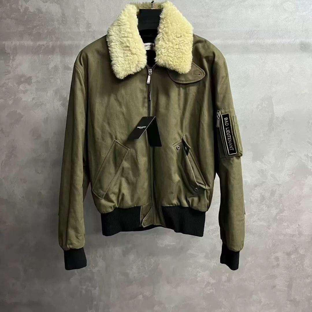 Saint Laurent Olive Green Fur Collar Jacket