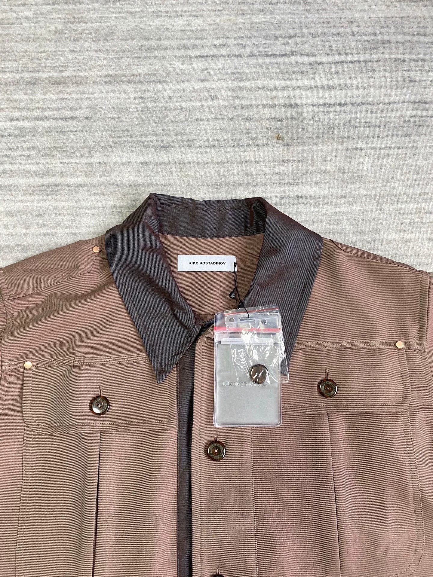 brown patchwork jacket by Kiko Kostadinov