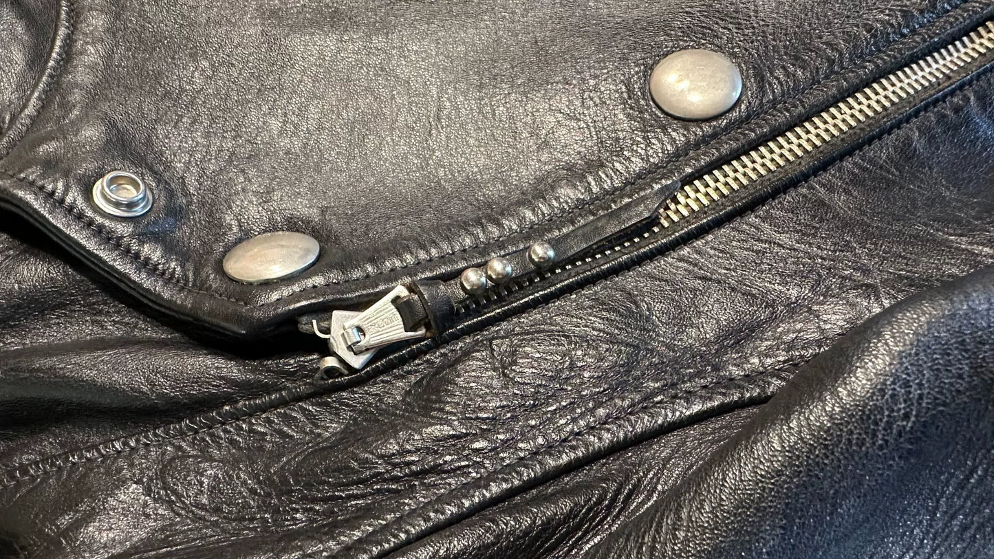 rare black leather biker jacket with buttons