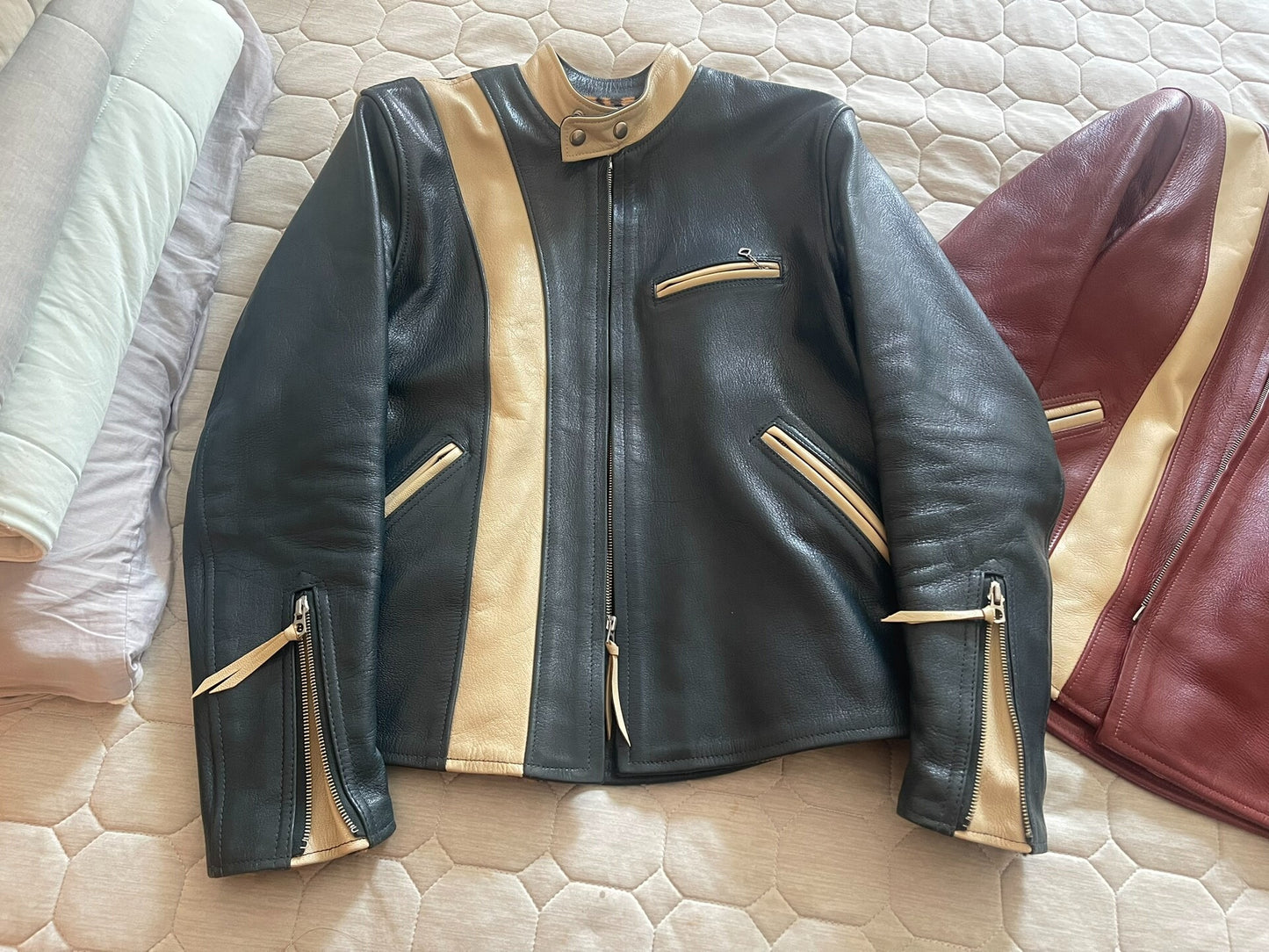 color-blocked leather motorcycle jackets