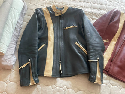 color-blocked leather motorcycle jackets