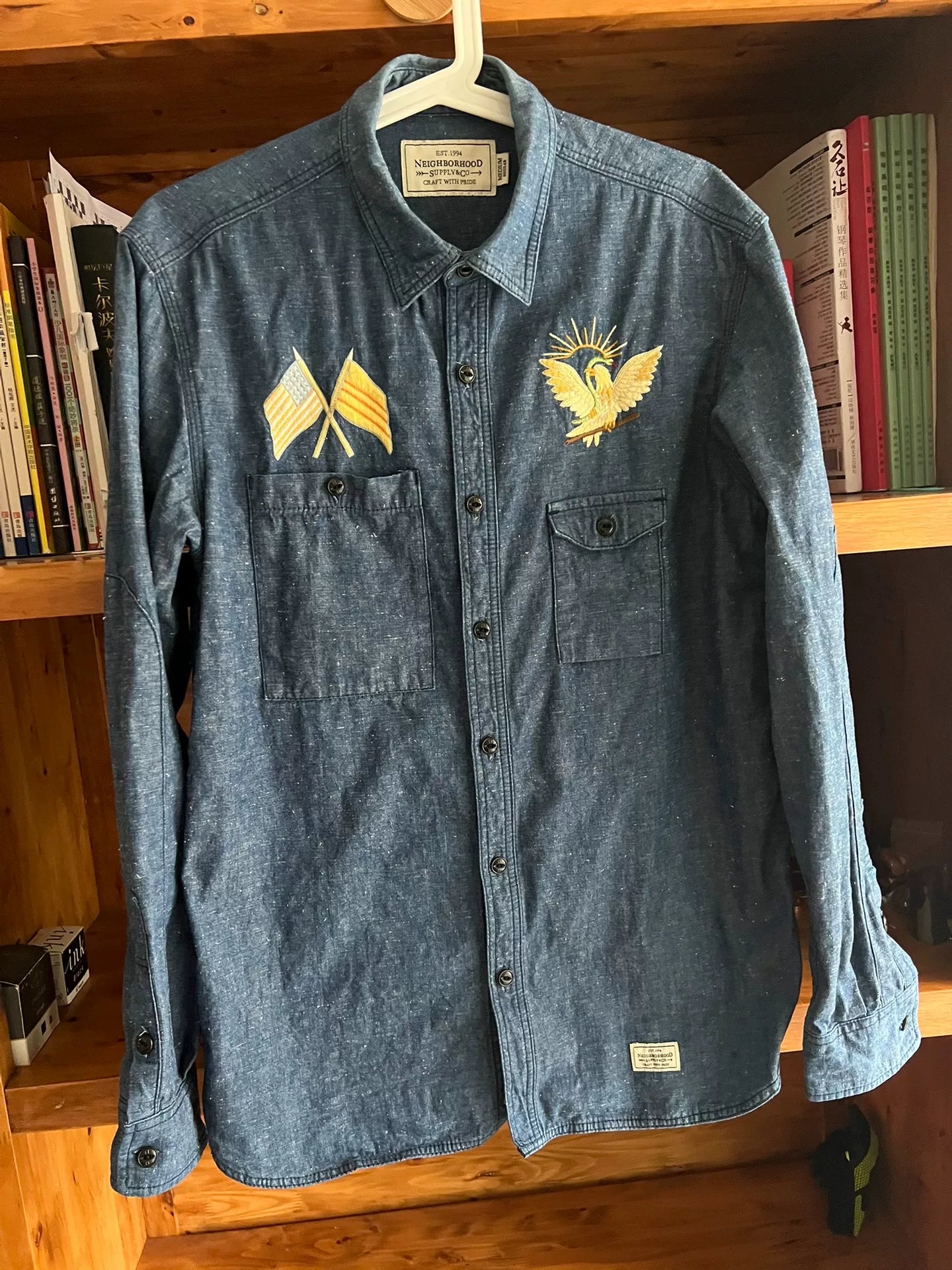 premium blue denim embroidered utility shirt