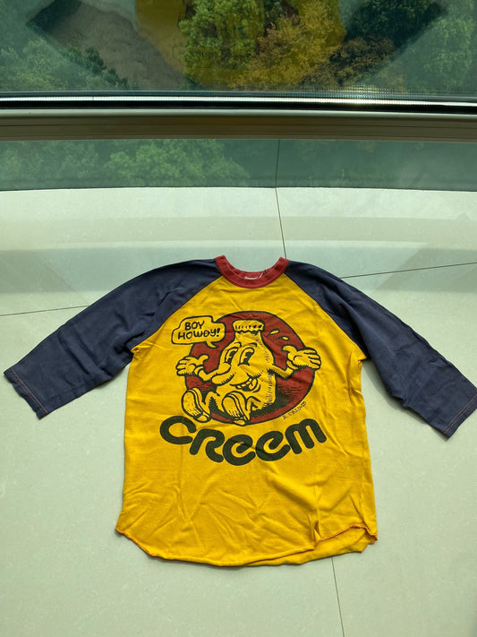 yellow blue graphic tee with 3/4 sleeves